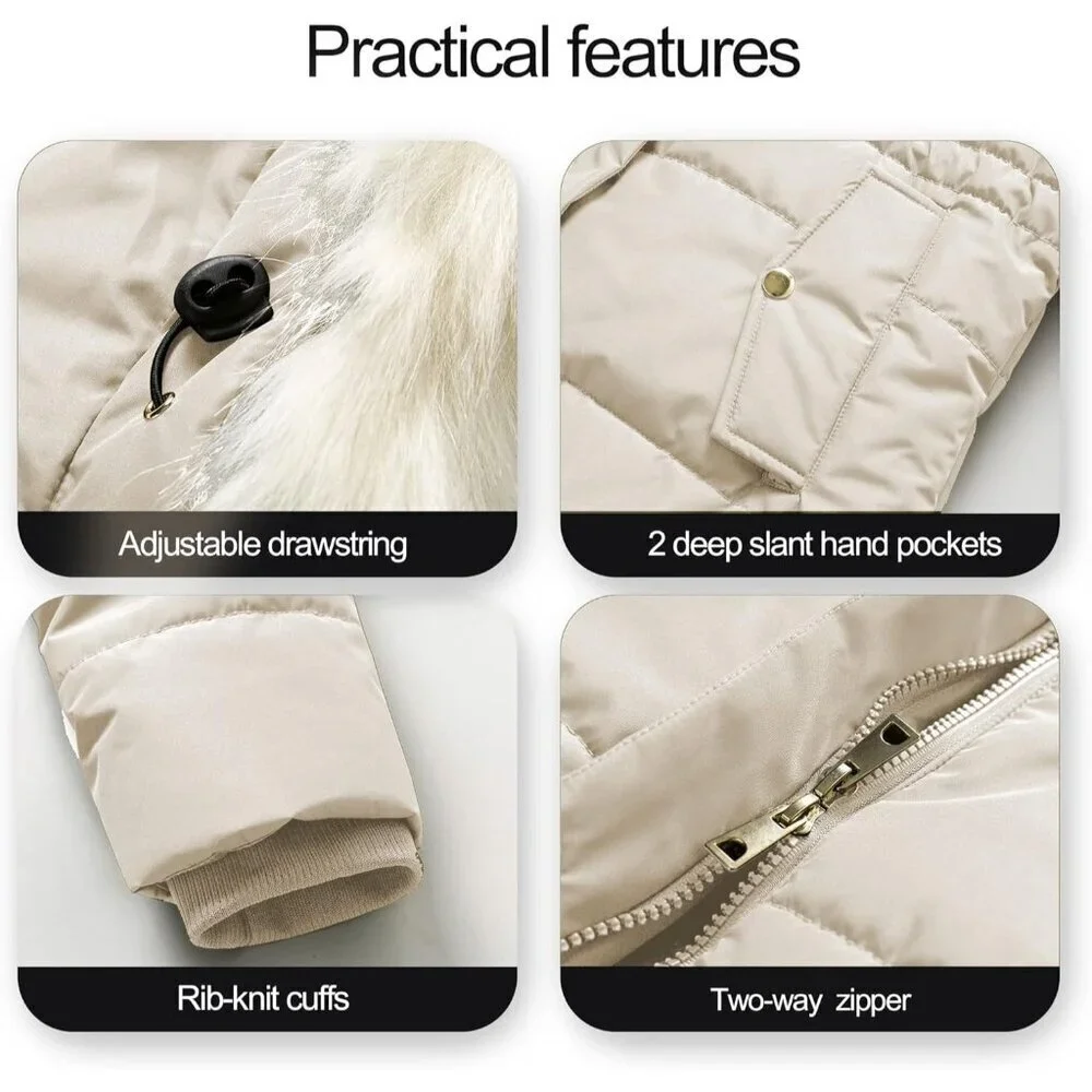 Women's Beige Winter Warm Long Drawstring Waterproof Snow Puffer Jacket